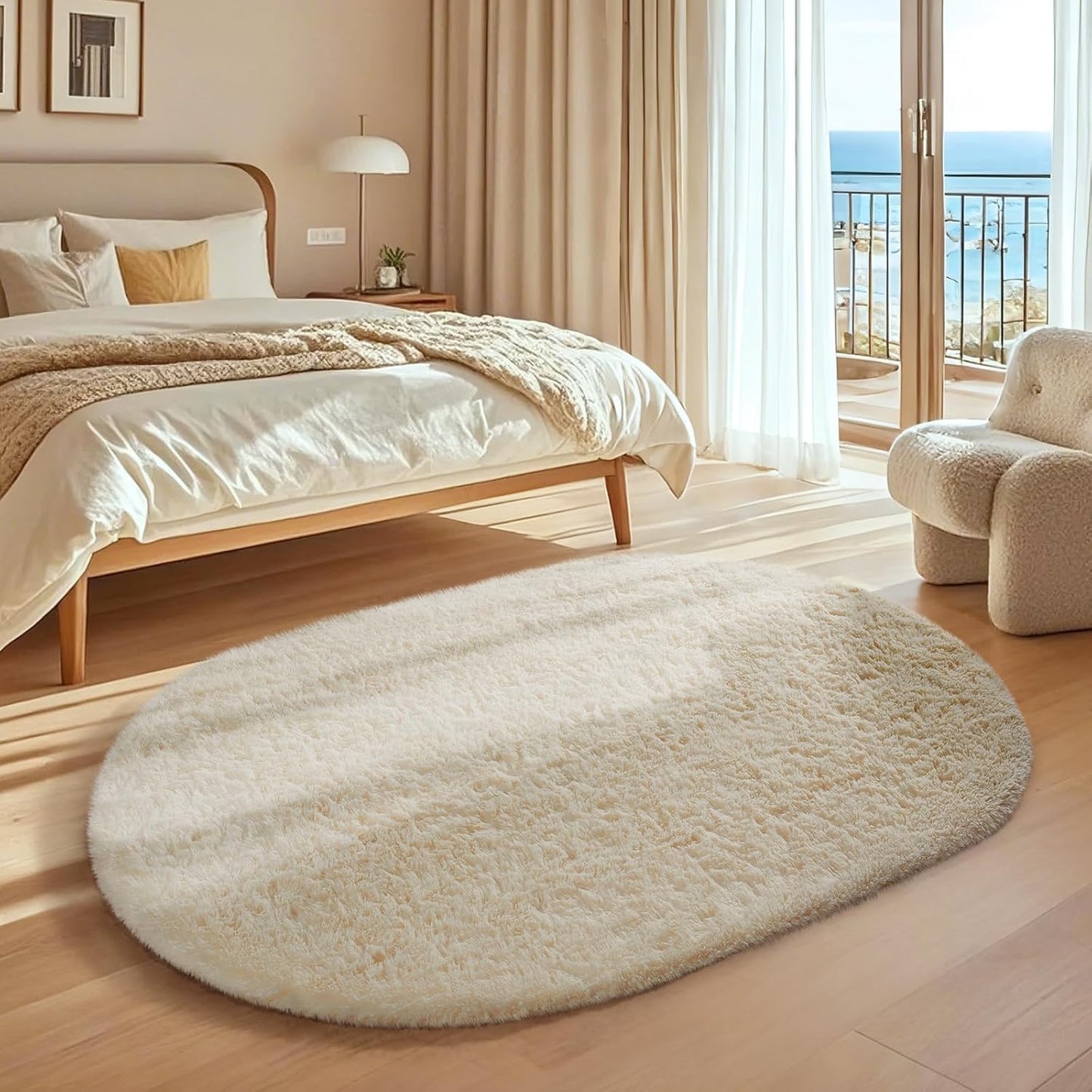 Ophanie Round Rugs 5Ft Ivory Circle Area Rug, Nursery Room Decor, Christmas Aesthetic Bedroom Home Circular Carpet 5 Foot, Fluffy Fuzzy Shag Plush Cream Living Room Rugs for Kids Boys Girls Teen Baby