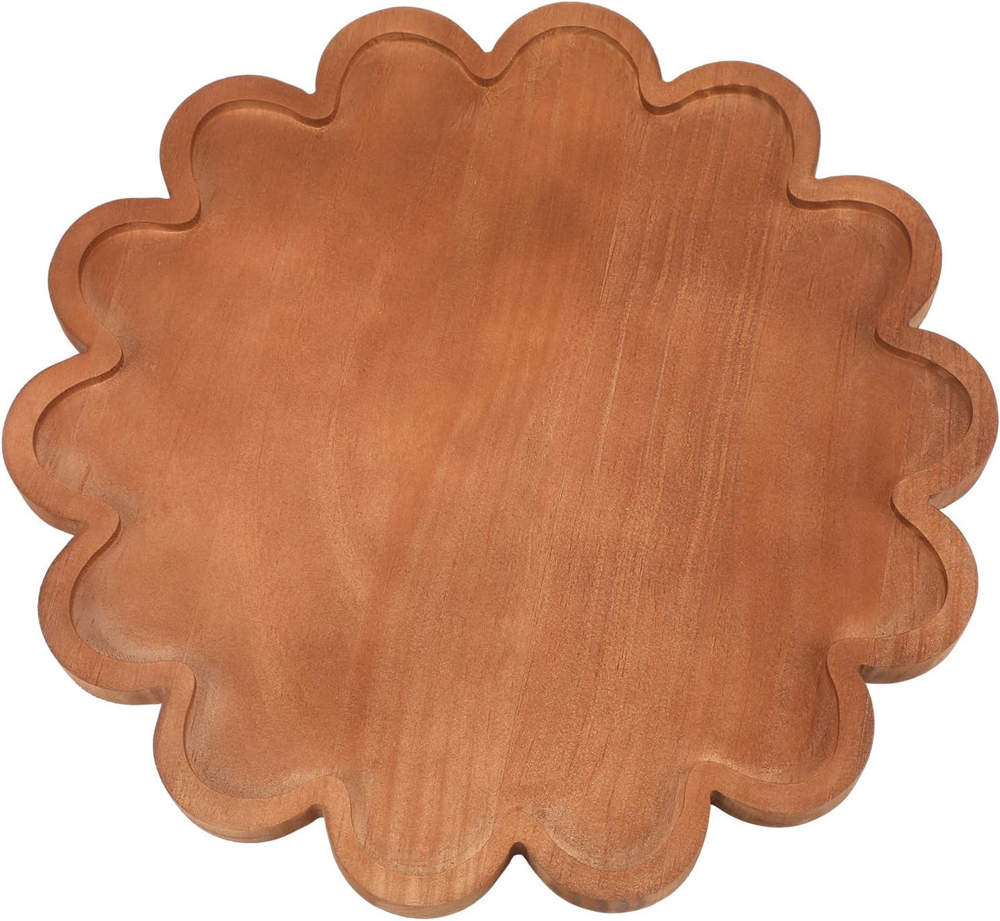 BreezeHug Brown Decorative Serving Tray Wood 12.6 Inch Scalloped Serving Tray Round Wooden Display Plate with Scalloped Borders for Coffee Table Living Room Bedroom Entryway Decoration