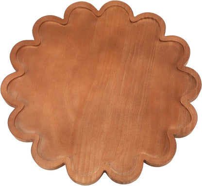 BreezeHug Brown Decorative Serving Tray Wood 12.6 Inch Scalloped Serving Tray Round Wooden Display Plate with Scalloped Borders for Coffee Table Living Room Bedroom Entryway Decoration