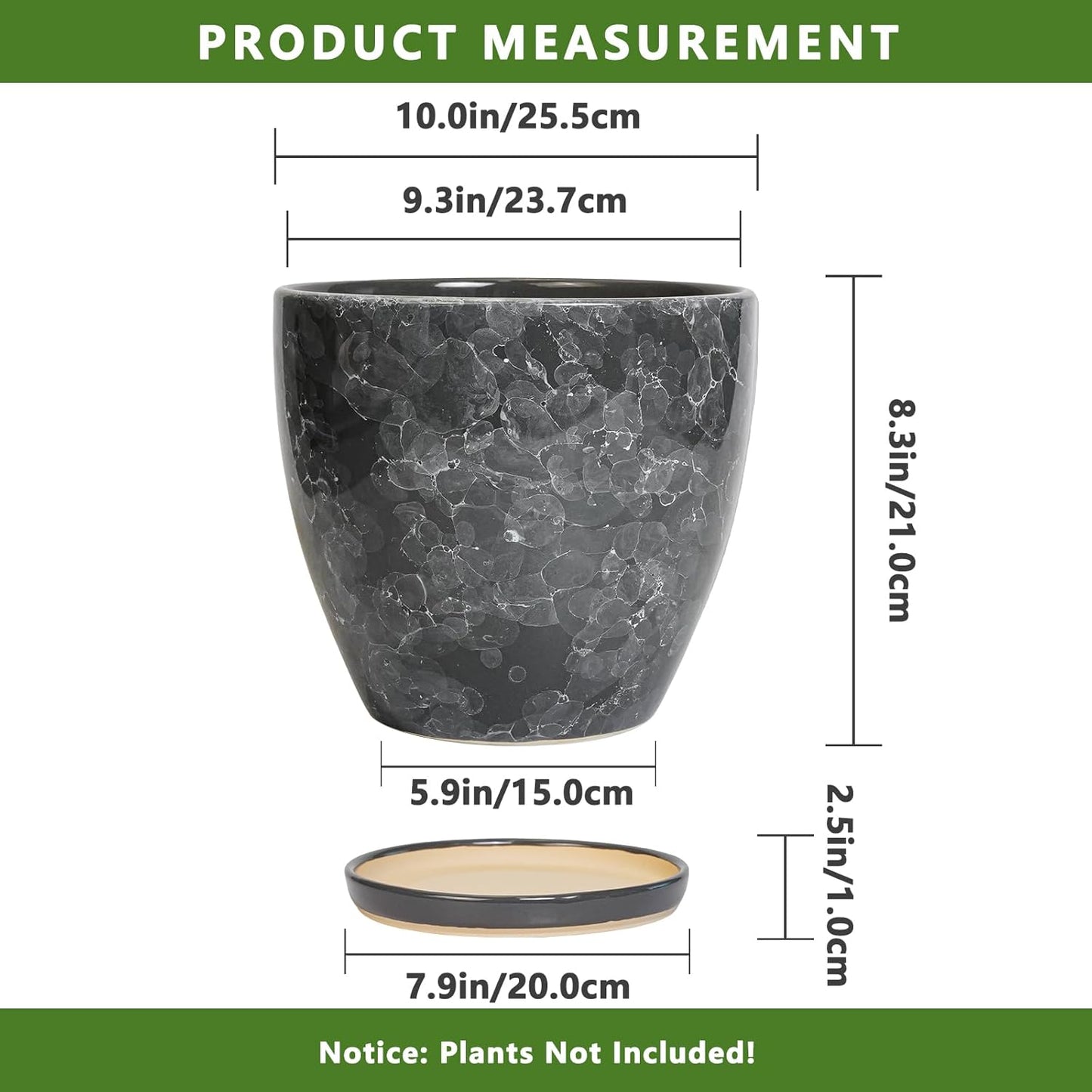 10 Inch Ceramic Planter Pot Round Plant Pot for Indoor Plants Outdoor Large Flower Pot with Drainage Hole and Saucer Blue