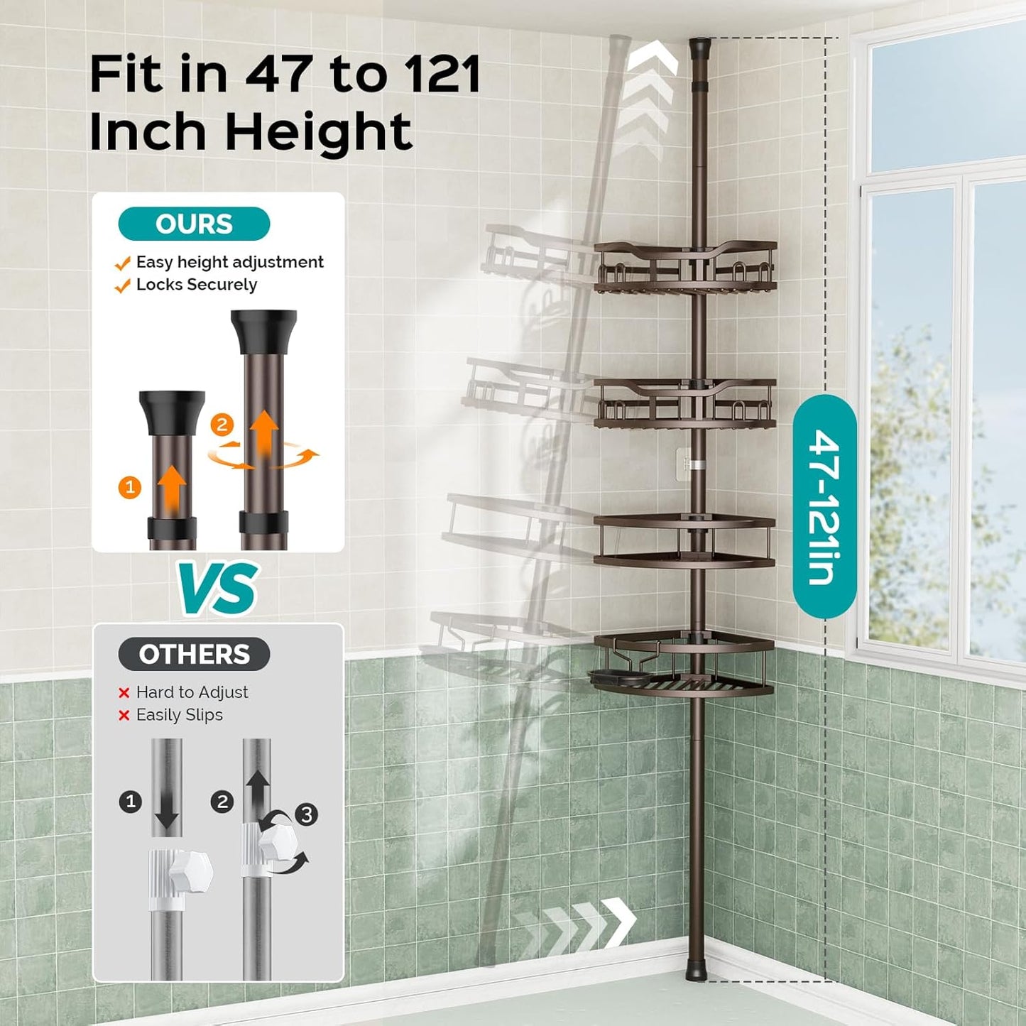 HAMITOR Corner Shower Caddy Tension Pole: Rustproof 4-Tier Bathroom Organizer Shelves for Bathtub Shampoo Storage - 47-121 Inch Quick Install Adjustable Rod Standing Rack with Soap Rack - Silver Gray