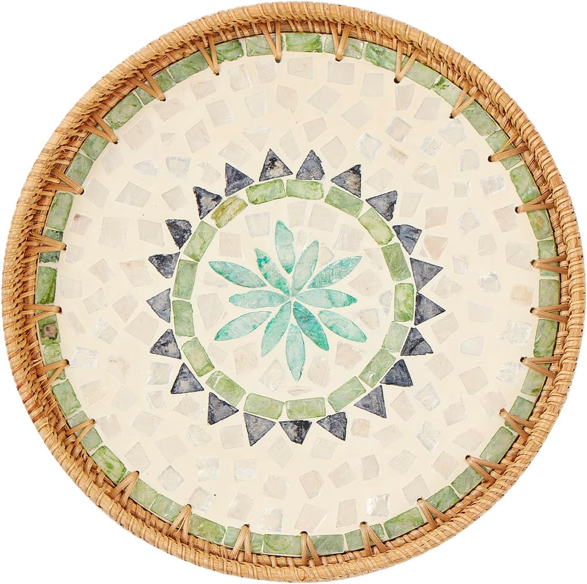 Round Rattan Tray with Mother of Pearl Inlay, Rattan Serving Tray with Wooden Base, Decorative Wicker Basket for Table Decor, Storage and Display of Coffee Bread Food Fruit (Leaf)