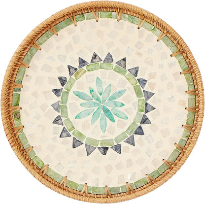 Round Rattan Tray with Mother of Pearl Inlay, Rattan Serving Tray with Wooden Base, Decorative Wicker Basket for Table Decor, Storage and Display of Coffee Bread Food Fruit (Leaf)