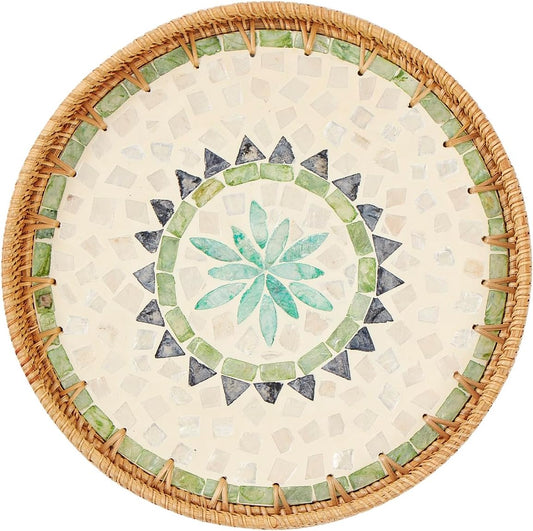 Round Rattan Tray with Mother of Pearl Inlay, Rattan Serving Tray with Wooden Base, Decorative Wicker Basket for Table Decor, Storage and Display of Coffee Bread Food Fruit (Leaf)