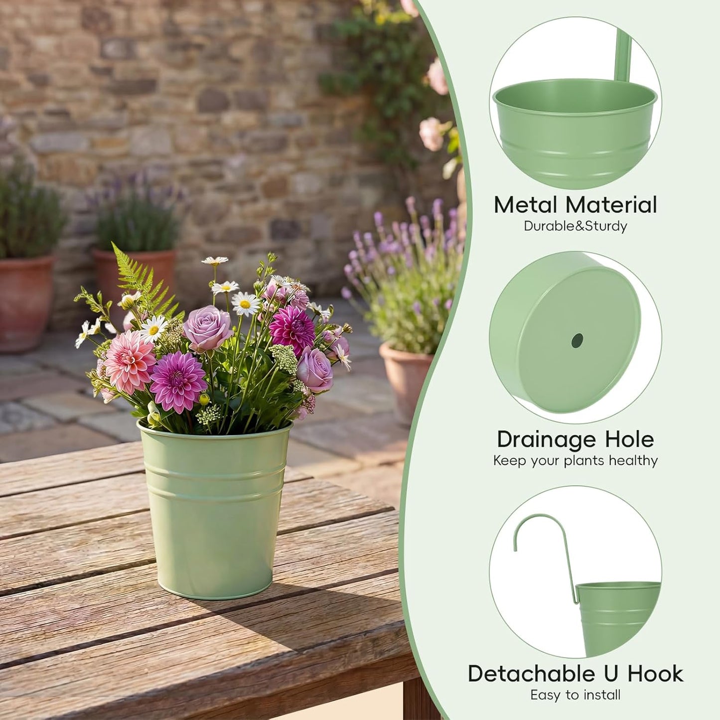 HowRU Metal Iron Flower Pots for Railing Fence Hanging Bucket Pots(5 Pcs) and Hanging Flower Pots Metal Iron Bucket Planter(10 Pcs) (Black)