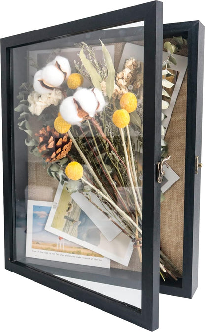 GraduationMall 13x16 Wood Shadow Box Frame Glass Door Display Case with Linen Back and 6 Stick Pins,1.5 inches Interior Depth,Ideal for Memorabilia Pictures Flowers Medals Tickets Rustic White