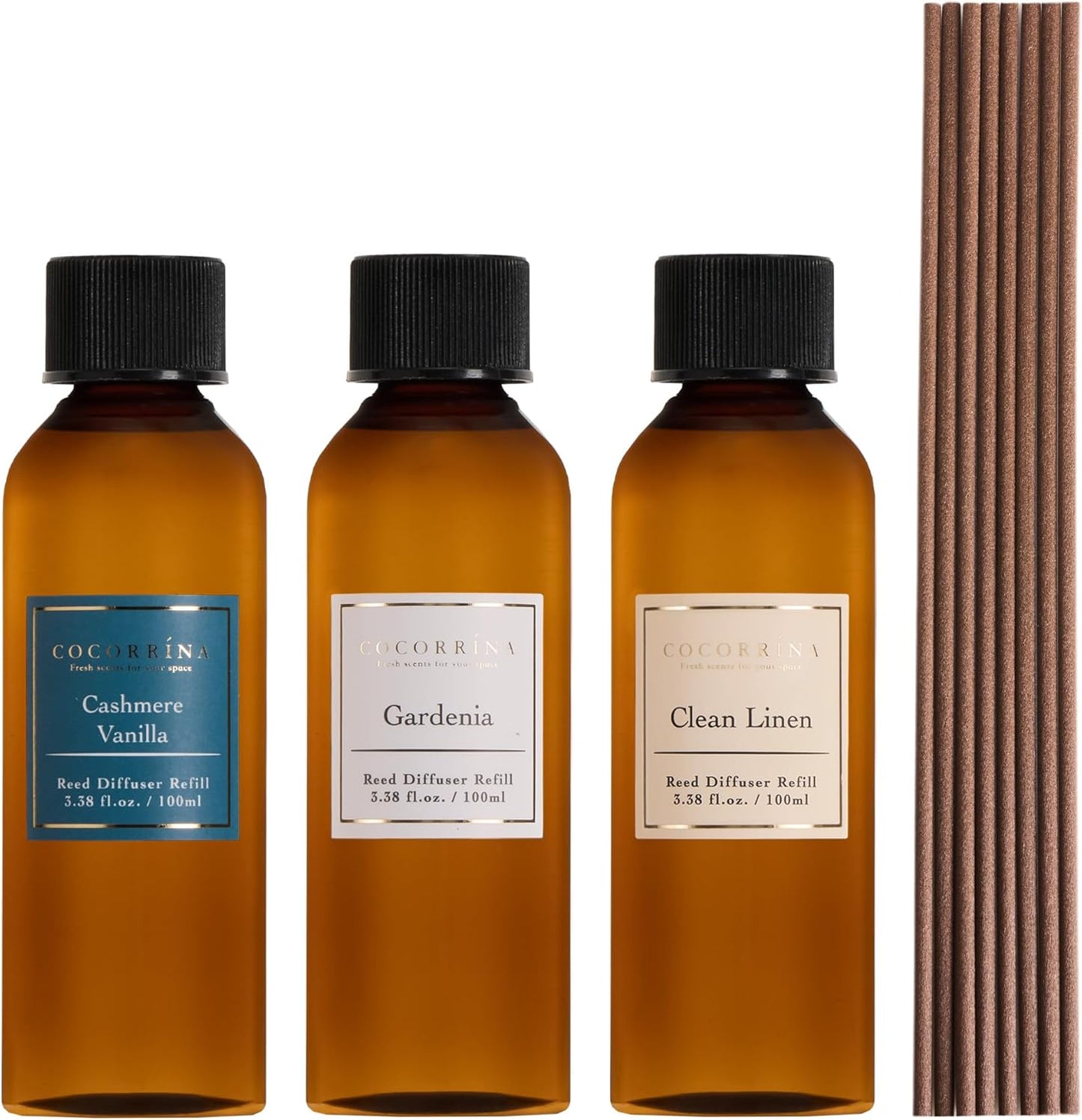COCORRÍNA Reed Diffuser Set, 10.2oz Scented Oil Refill 3 Pack, Cashmere Vanilla, Ocean Mist, Lavender Garden, Long Lasting Oil Diffuser Refill with 18 Sticks for Bathroom & Bedroom