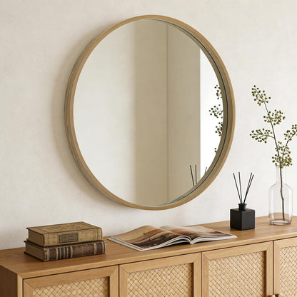 WallBeyond Wood Round Mirror with Wood Frame 24 inch Circle Wall Mirror for Bathroom Round Wall Mirror for Wall Decor, Vanity, Entryway Living Room (Walnut)