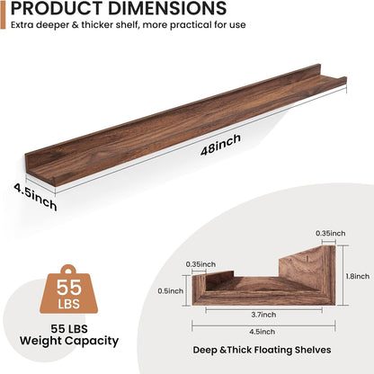 Fun Memories Picture Ledge Shelves Set of 2, 32 Inch Rustic Wall Mounted Floating Shelves with Lip for Home Storage and Décor in Bathroom, Kitchen, Nursery, Bedroom, Living Room, Walnut