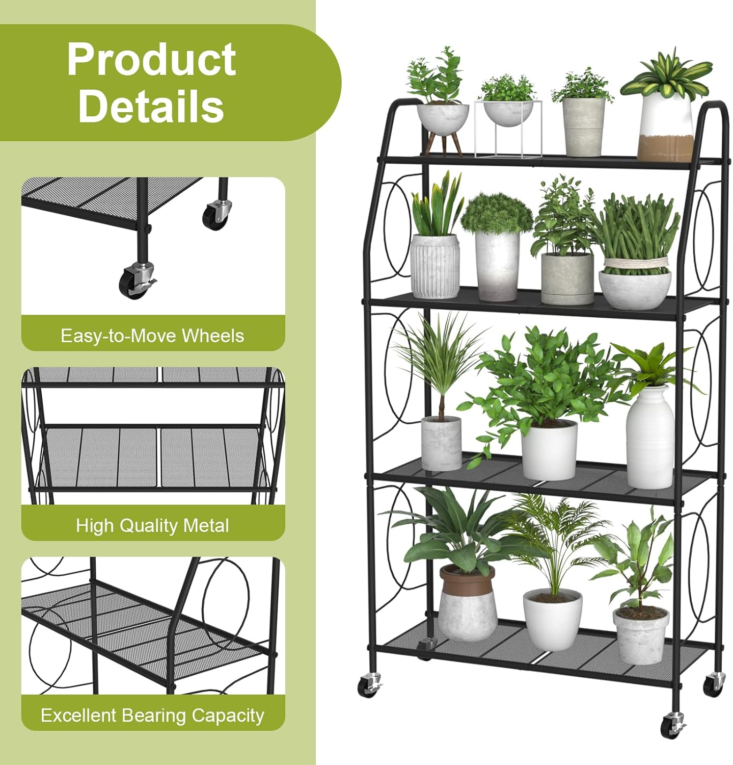 VyGrow Plant Stand, 4 Tier Plant Shelf for Indoor Outdoor, Heavy Duty Metal Tall Plant Stands Holder Rack for Living Room Balcony and Garden, Black