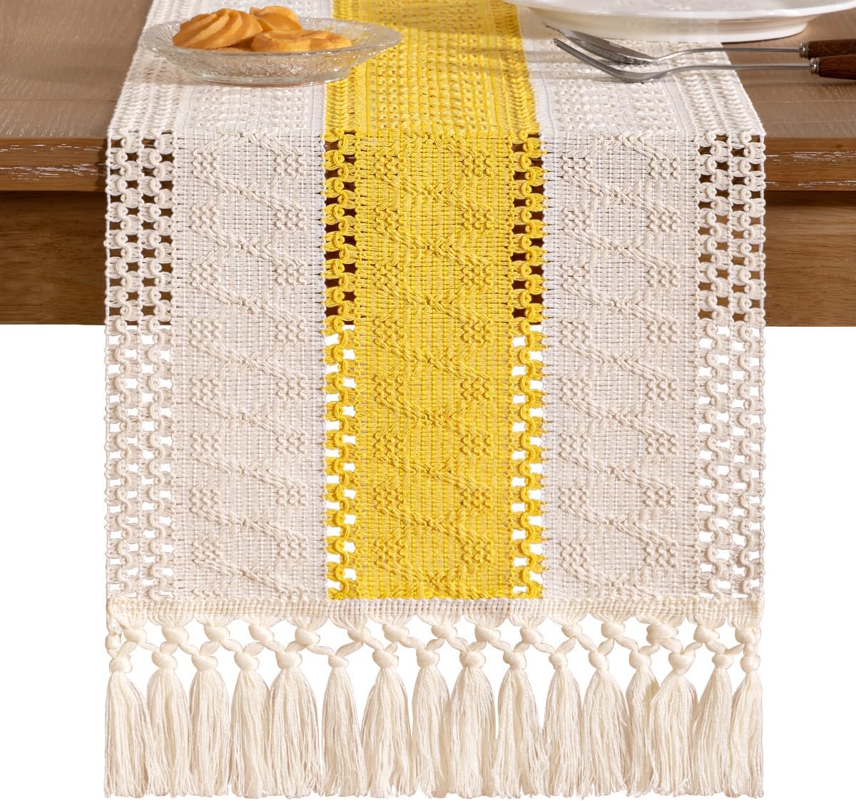 Socomi Boho Table Runner Summer Farmhouse Rustic Dining Kitchen Centerpiece Decor Small Macrame Woven Cotton Linen Coffee Table Runner for Dresser Scarf Home Decor 12x36 inch Beige