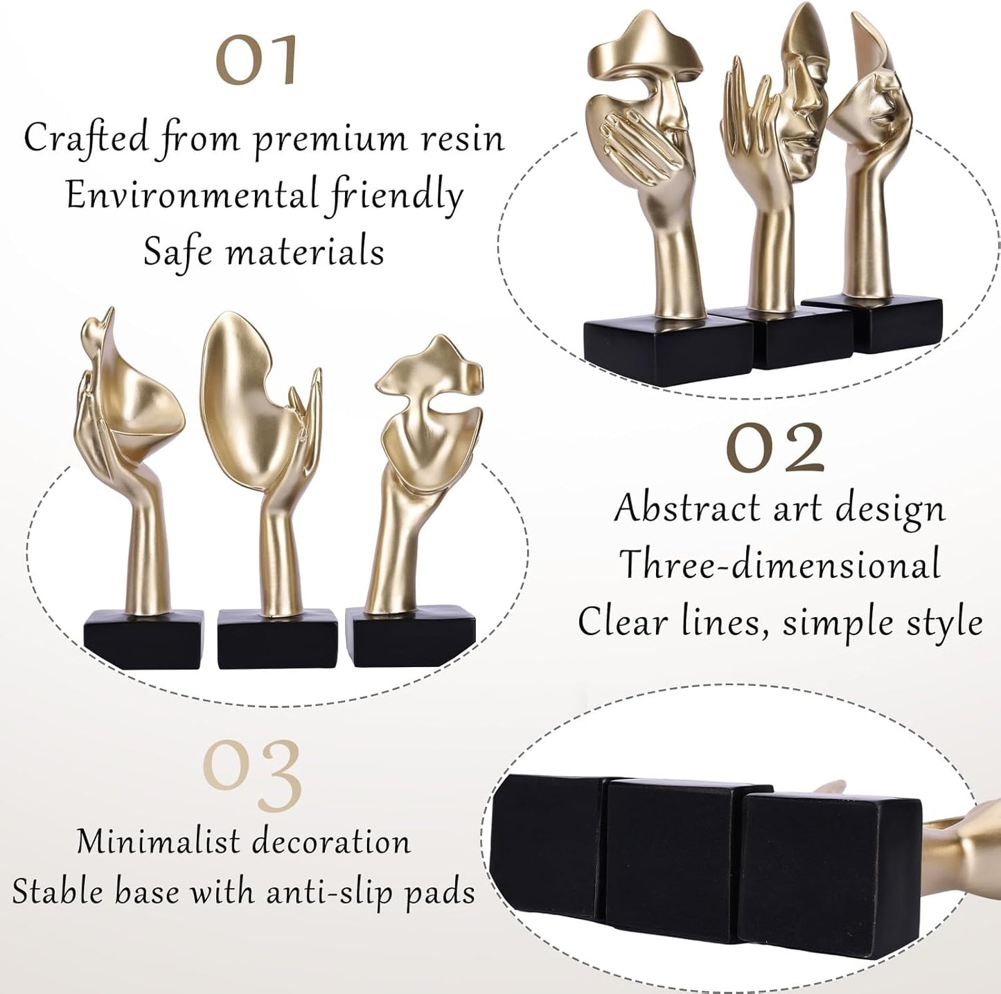3 Pcs Thinker Small Statue Set - Black Gold Home Decor Abstract Art Figurines for Shelves, Living Room Coffee Table, Office Desktop (3 Pcs Gold, 6")