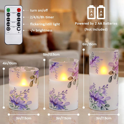 Pack of 3 Flameless Daily Timer Flickering Real Wax Pillar Candles, 3" x 4" 5" 6" LED Battery Operated Purple Flowers Glass Warm Light with Remote Control