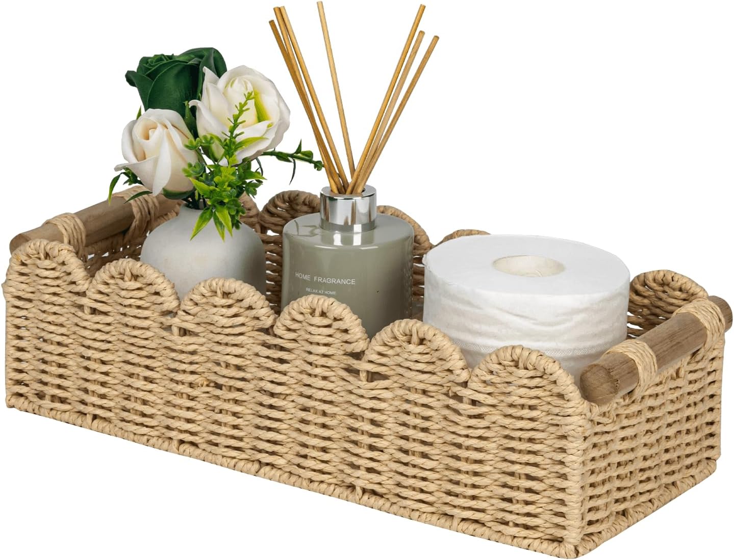 CubesLand Paper Rope Scalloped Edge Toilet Paper Storage Basket, Small Living Room, Bedroom Decor Baskets for Over Toilet Storage Shelf, End Table, Shelves and More, with 2 Wooden Handle, Neutral