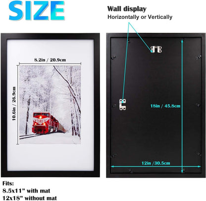Egofine 12x16 Picture Frame Black, Covered by Plexiglass Made of Solid Wood, Display Pictures 9x12 and 11x14 with Mat or 12x16 Without Mat, for Wall Mounting Photo Frame - Colors B