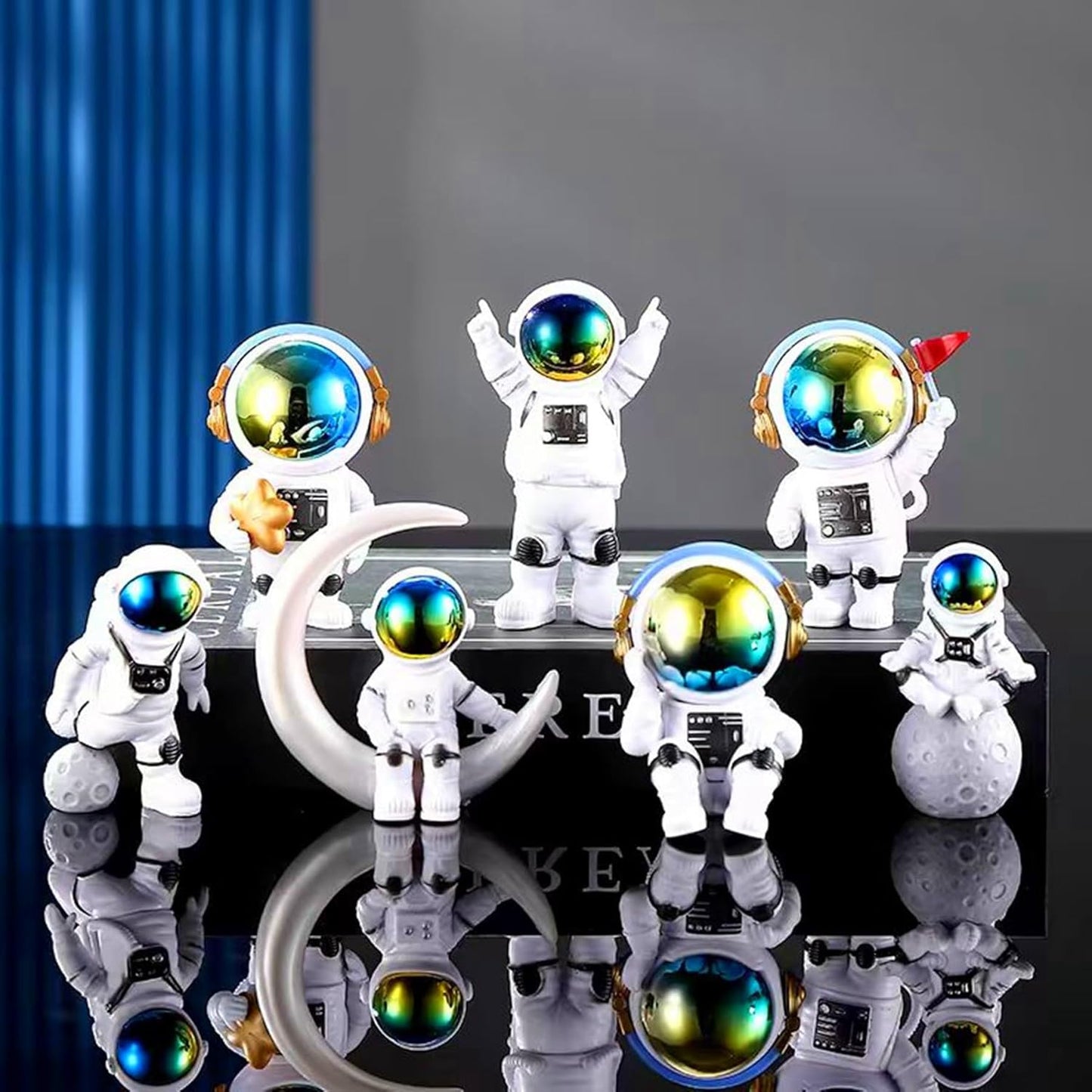 Blue White Astronaut Statues Set of 4, Spaceman Sculpture Figurines Outer Space Theme Decor for Nursery Room Cake Topper