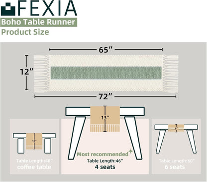 FEXIA Boho Table Runner for Thanksgiving Fall Christmas Home Decor with Tassels 72 Inches Long Pottery barn Furniture Farmhouse Rustic Macrame Burlap Table Decoration for Living Room (12x72 Inches)