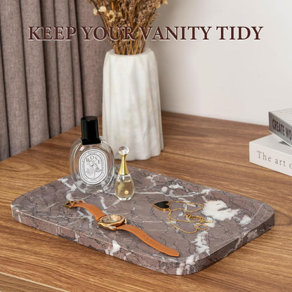 Koville Romano Travertine Tray, 12"x8" Natural Stone Vanity Tray for Countertop Bathroom Kitchen Dresser, Decorative Marble Catchall Trays for Perfume Jewelry, Rectangular Serving Tray(Beige)