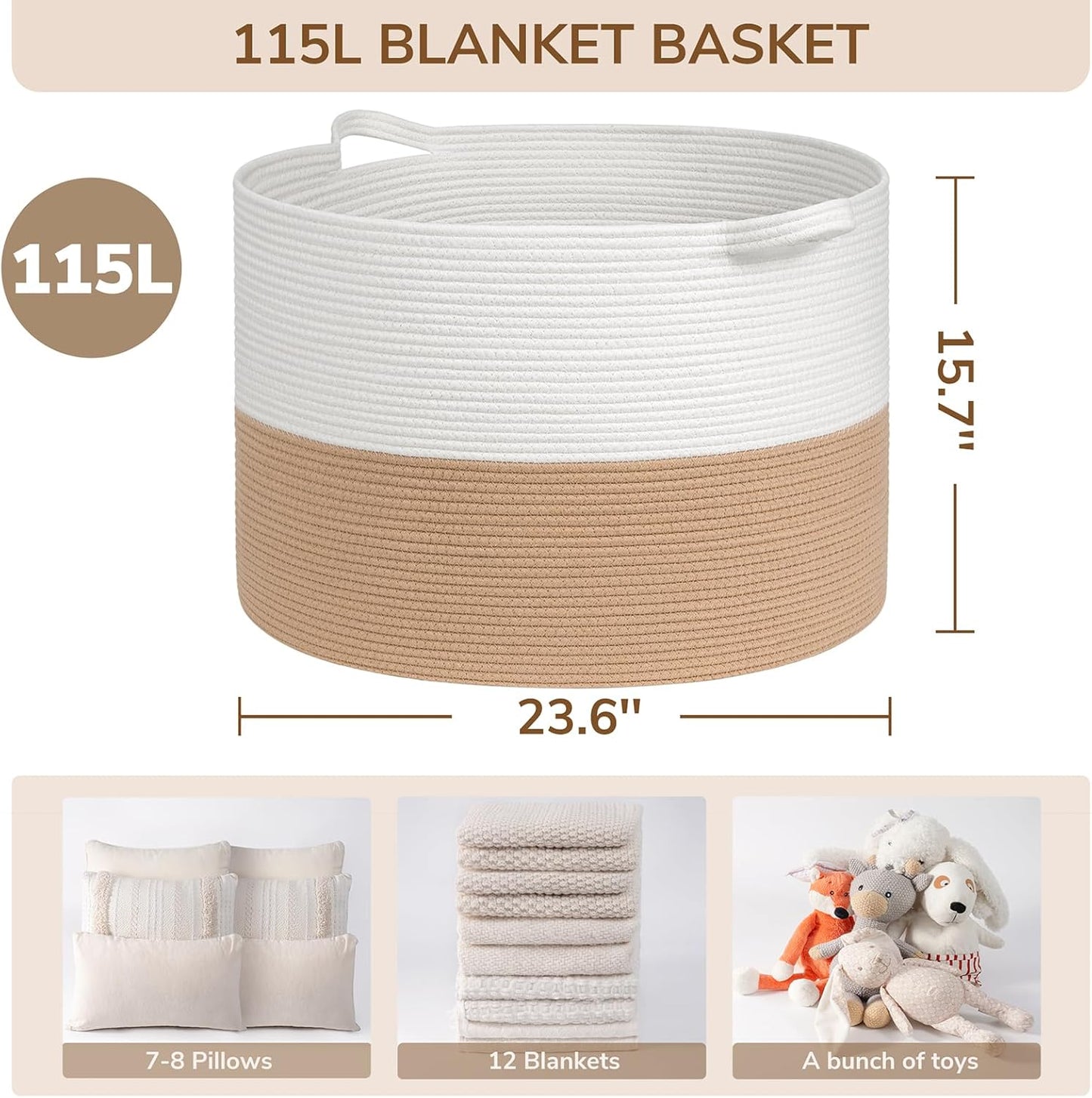 INDRESSME XXXLarge Blanket Basket for Living Room 21.7" x 21.7" x 13.8"-Storage Basket with Handle for Organizing Toy Pillows Woven Cotton Rope Laundry Basket Stuffed Animal Toy Storage for Play Room