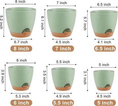 QRRICA Plant Pots 10/9/8/7.5/7 Inch Self Watering Pots, Set of 5 Plastic Planters with Drainage Holes and Saucers,Plastic Flower Pots,Nursery Planting Pot for Indoor Out Door Plants（Green）