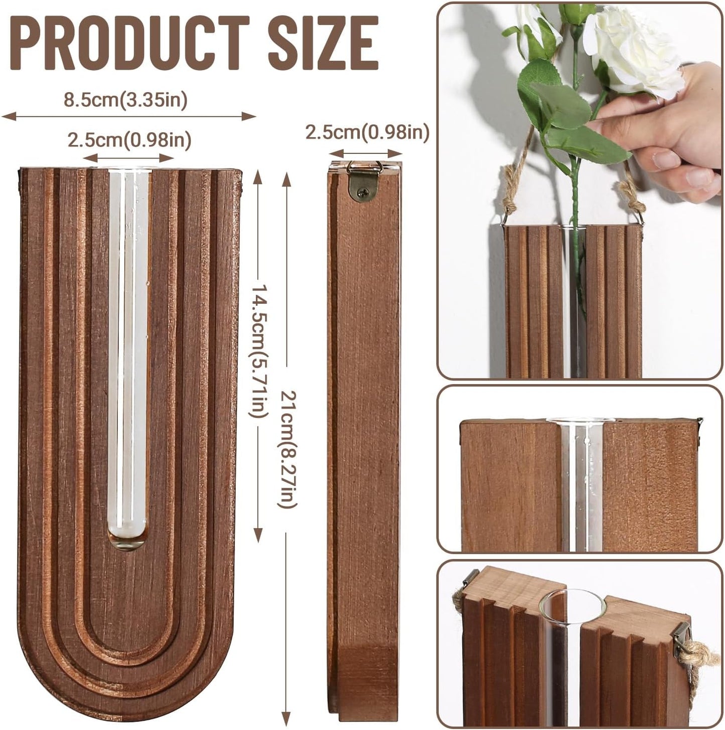 Dnnnii 2 Pack Wooden Wall Vase Set - Brown Finish Modern Farmhouse & Boho Wall Decor for Entryway, Hallway, Bathroom, Living Room, Dining Room, Narrow Spaces
