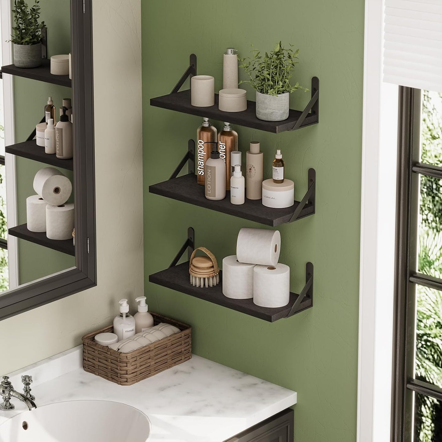 YGEOMER Brown Floating Shelves for Wall, 16.5 Inch Farmhouse Wall Shelves for Bedroom, Bathroom Storage, Living Room and Kitchen Decor (Set of 6 Brown)