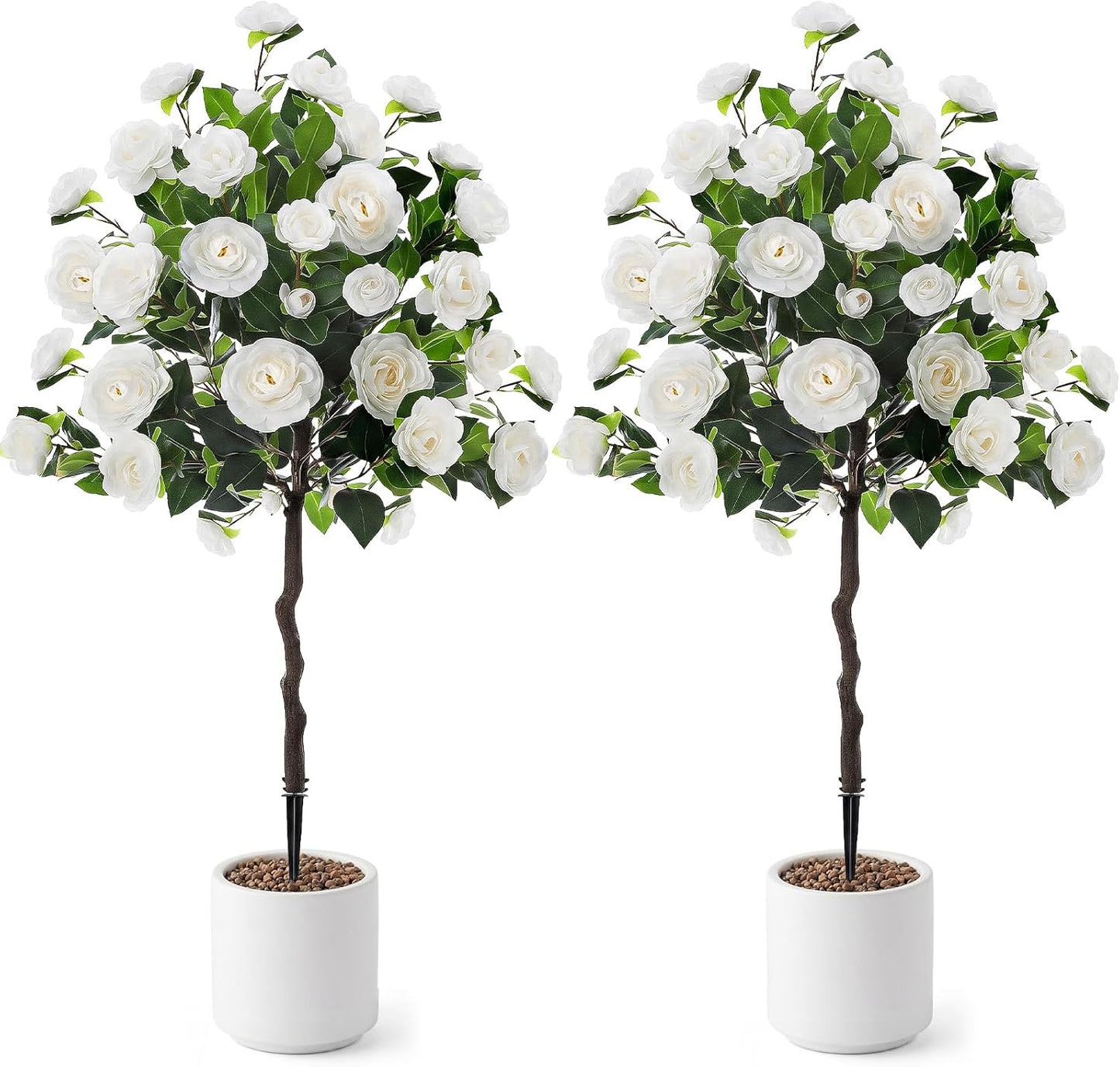 Lunmon 2 Pack 3ft Artificial Camellia Plants Tree 36" Faux Camellia Flower with Spike UV Resistant Realistic Fake Floral Blooming Bush for Indoor Outdoor Front Door Porch Backyard Garden, Purple