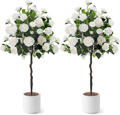 Lunmon 2 Pack 3ft Artificial Camellia Plants Tree 36" Faux Camellia Flower with Spike UV Resistant Realistic Fake Floral Blooming Bush for Indoor Outdoor Front Door Porch Backyard Garden, Purple