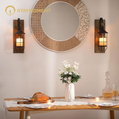 Wall Sconces Candle Holder: Set of 2 Farmhouse Wall Lantern Decor Wood Brown Decorations Indoor for Living Room Front Door Porch