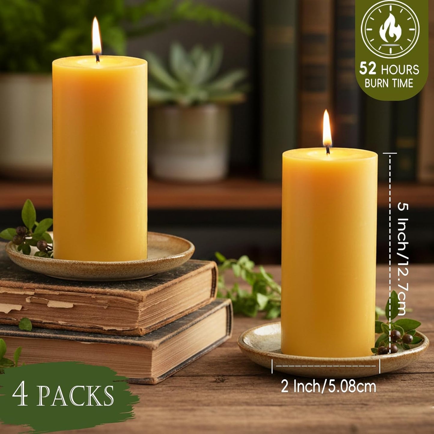 2x5 Inch Beeswax Candles, 4 Packs, 100% Natural Beeswax Pillar Candles, 52 Hours Burn Time, Pure Emergency Candle Long Burning for Home Decor, Gift Sending, Smokeless & Dripless