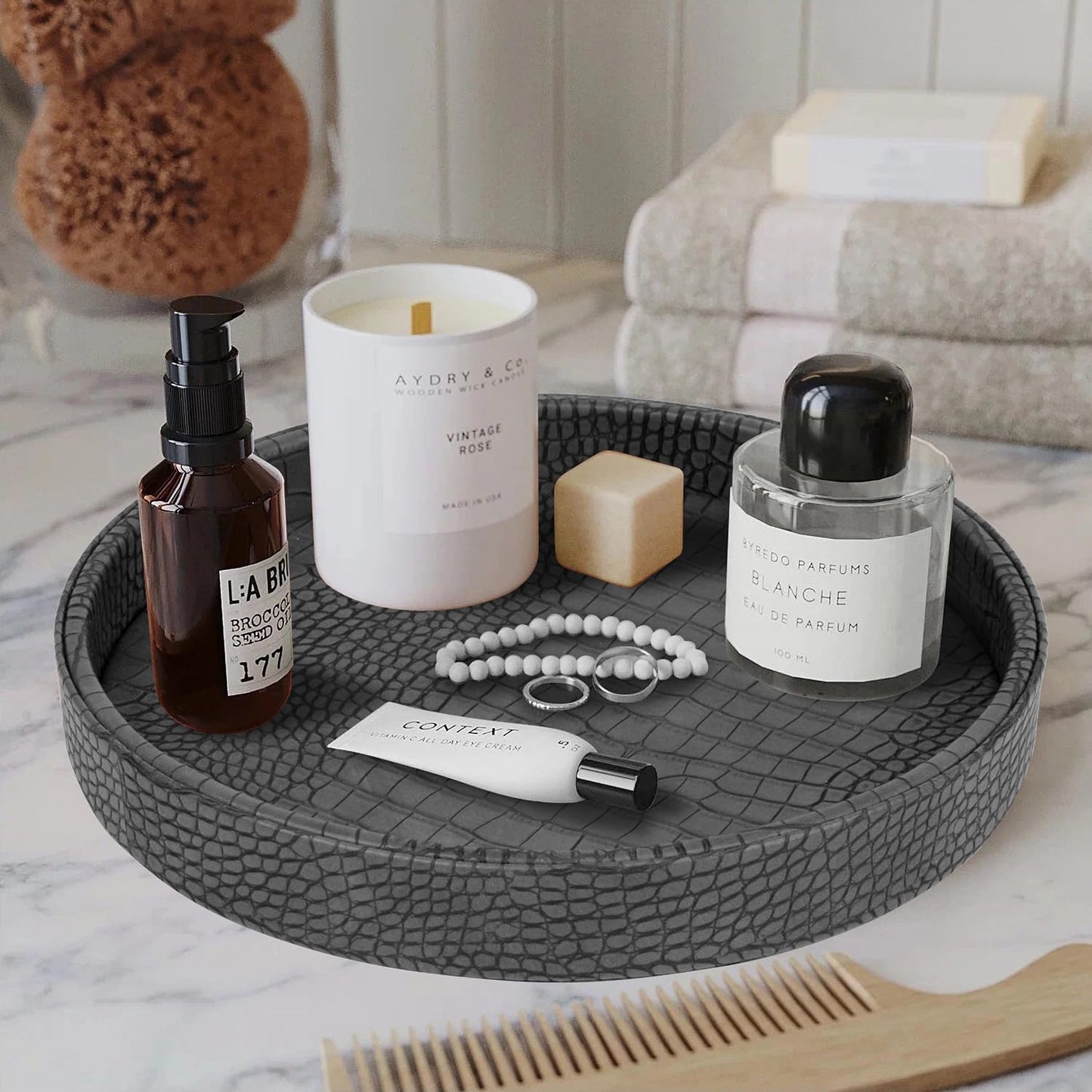 HofferRuffer Round Serving Tray 20'', Elegant Faux Leather Circle Ottoman Table Tray, Serve Tea Coffee Breakfast in Bedroom Living Room Kitchen (Brown)