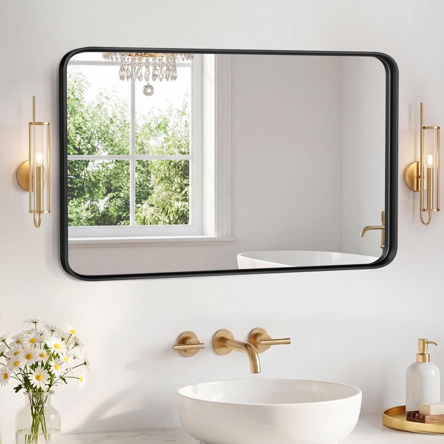 OLIXIS Arched Bathroom Mirror for Over Sink, 34x32 Inch Wall Mirror Arched Rounded Rectangle, Modern Wall Mount Vanity Mirror with Matte Metal Deep Framed, for Home Decor, Living Room, Black
