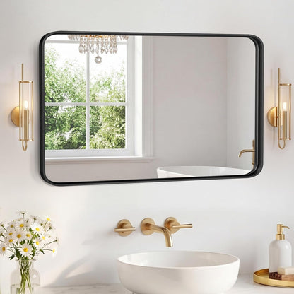 OLIXIS Arched Bathroom Mirror for Over Sink, 34x32 Inch Wall Mirror Arched Rounded Rectangle, Modern Wall Mount Vanity Mirror with Matte Metal Deep Framed, for Home Decor, Living Room, Black