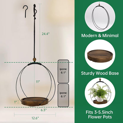 Hanging Planter for Indoor Plants, Black Plant Hanger Indoor with Sturdy Wood Base, Modern Boho Macrame Plant Hanger for 3-5.5 Inch Pot, Hanging Wall Ceiling Window Home Decor (Pots Not Included)