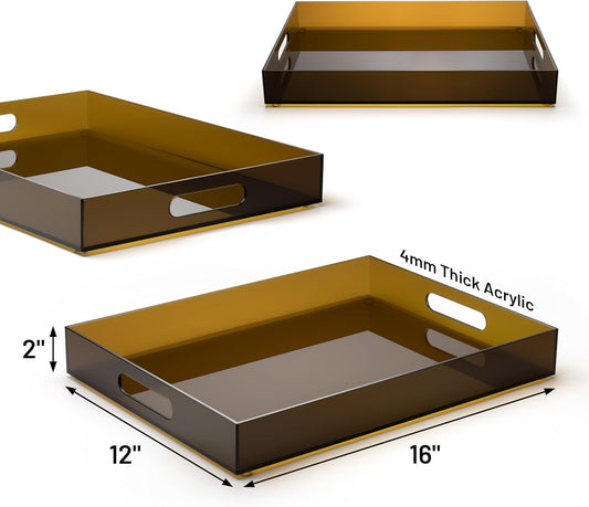 ATZYmolin 16"x12" Large Acrylic Serving Tray Decorative Ottoman Coffee Table Vanity Tray Tea Fruit Platter Snack Appetizer Dessert Drink with Handles for Bar Kitchen Party, Amber