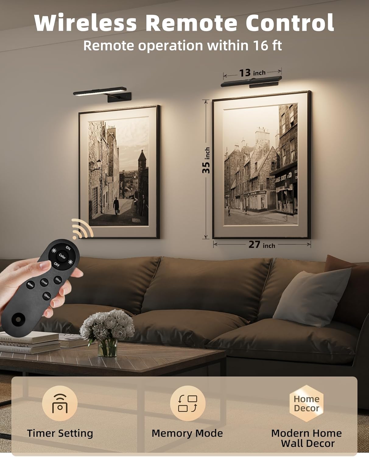 EZVALO Picture Light for Wall, 4800mAh Rechargeable Wireless Remote, 16in Dimmable Magnetic LED Art Display Light with 3 Color Temperatures, for Gallery, Living Room, Bedroom, Hallway (Gold)