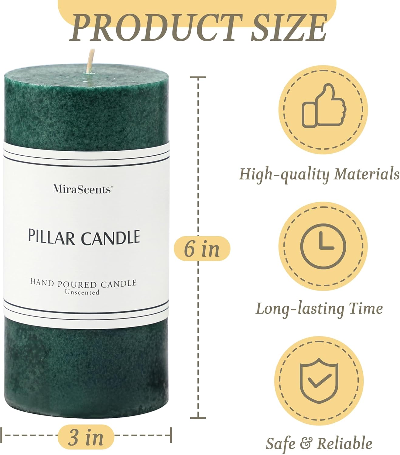 3x4 inch Green Pillar Candles Set of 3, Unscented Pillar Candle, Dripless and Smokeless Large Candles, Candle for Home Decor, Dinner Table,Weddings, Holidays
