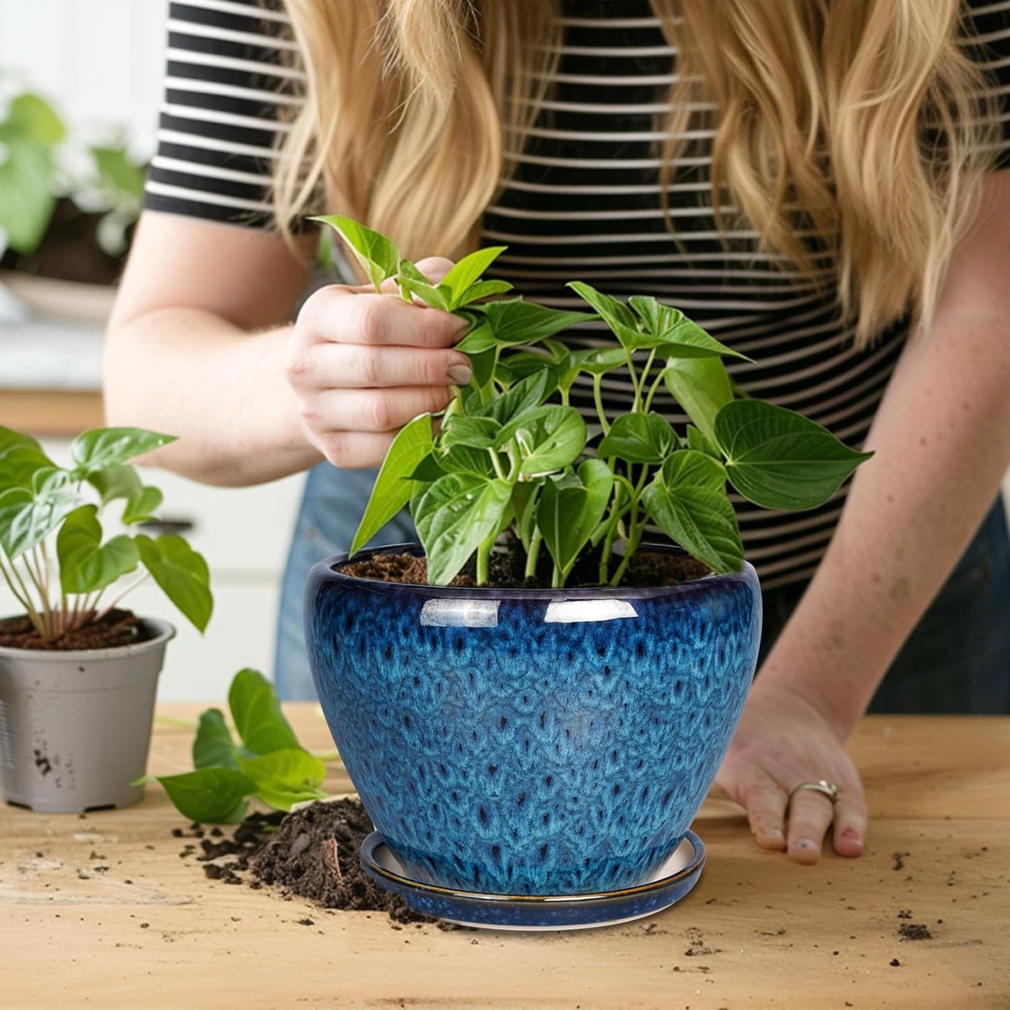 Ceramic Modern Glaze Succulent Planter Pot with Drainage Hole and Saucer 6 Inch Round Flower Plant Pot for Indoor Outdoor Herb Snake Plants