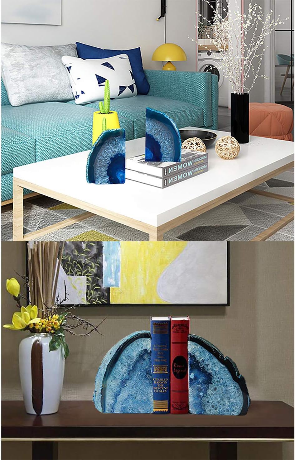 JIC Gem Dyed Blue Agate Bookends Geode Decorative Book Ends for Heavy Books with Rubber Bumpers for Office and Home Decoration Polished Small Size 2 to 3 Lbs