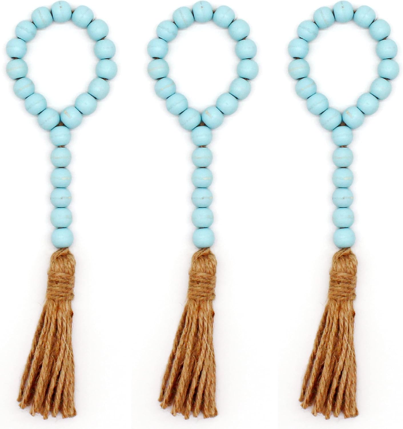 CVHOMEDECO. Wood Beads Garland with Tassels 3 PCS Farmhouse Rustic Wooden Prayer Bead String Wall Hanging Accent for Home Festival Decor. Natural