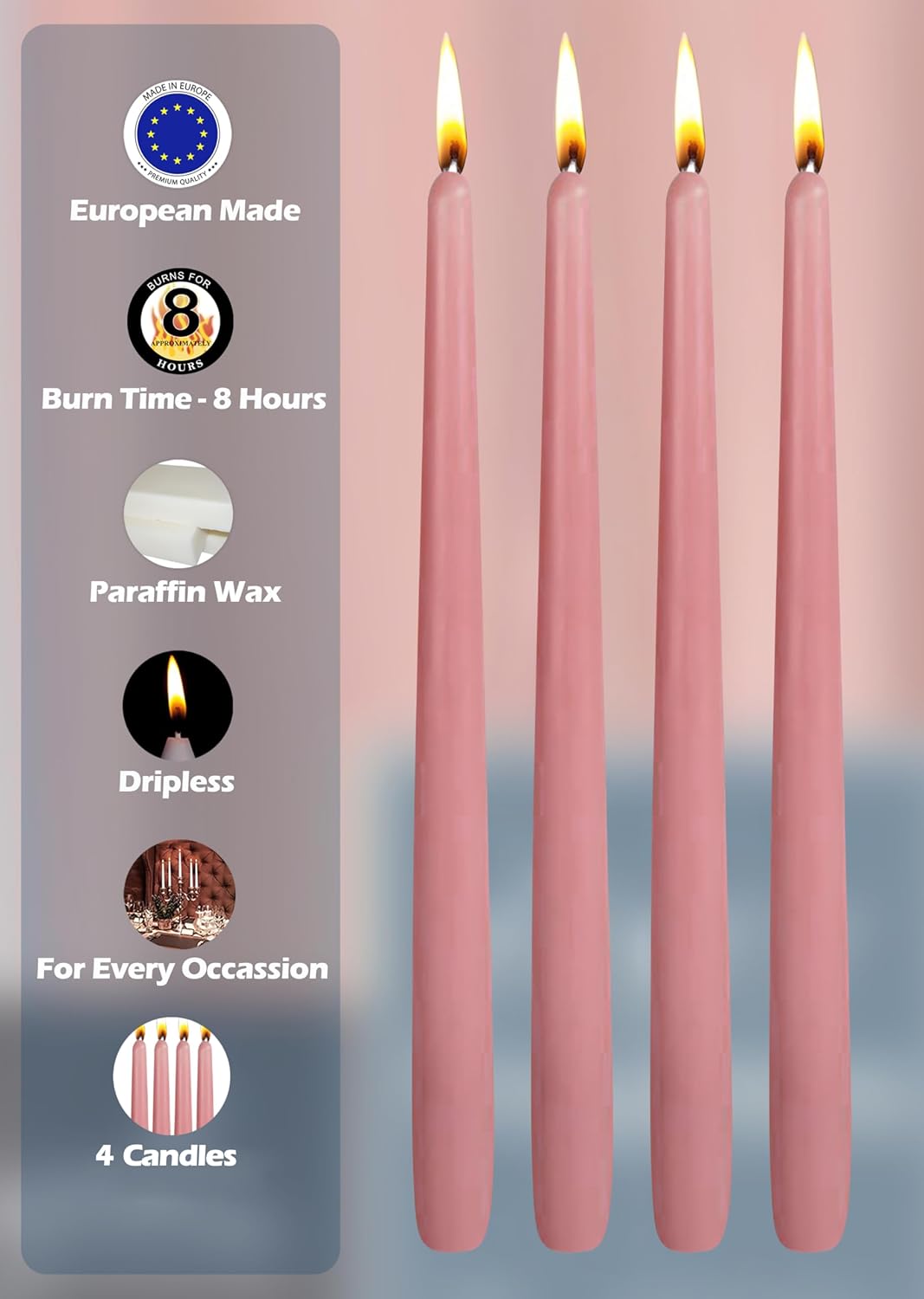 Hyoola Tall Taper Candles - 10 Inch Metallic Gold Unscented Dripless Taper Candles - 8 Hour Burn Time - 4 Pack