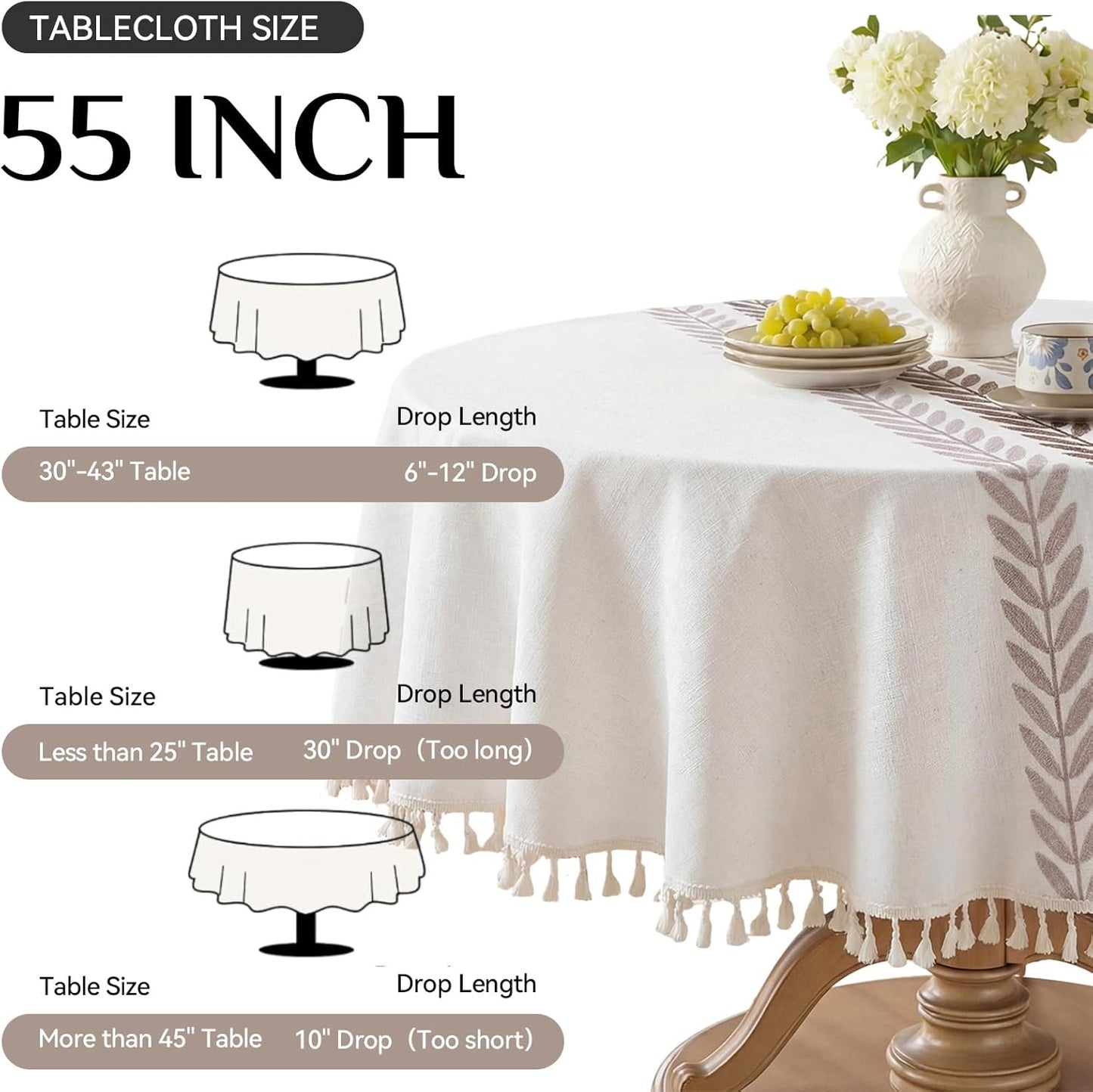 Softalker Outdoor Tablecloth Rectangle, Waterproof Linen Cotton Farmhouse Table Cloths with Tassel, Heavy Weight Wrinkle Free Boho Table Cover for Picnic Camping Dining - 55 x 70 Inch, Coffee Lines