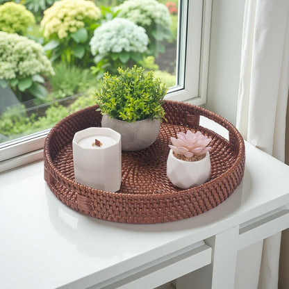 13.8 inch Round Rattan Tray, Decorative Coffee Table Tray, Ottoman Tray, Woven Serving Tray with Handles, Wicker Serving Basket, Whitewash