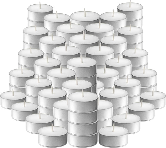 L'ner Tea Light Candles – Set of 100 Unscented Tea Lights – Burns Aprx. 4 Hours – Party & Ambience Candles – Restaurant Decorations