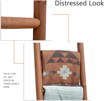 FUIN 57in Wood Blanket Ladder Living Room Decorative Wall Leaning Farmhouse Quilt Display Holder Rustic Wooden Towel Rack for Bathroom, Brown