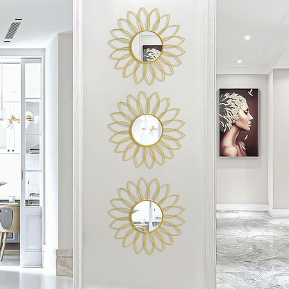 3 Pack Metal Mirrors for Wall Sunburst Wall Mirrors Home Décor Decorative Hanging Wall Art for Living Room Bedroom Entryway (Gold, Flower+Sunburst)
