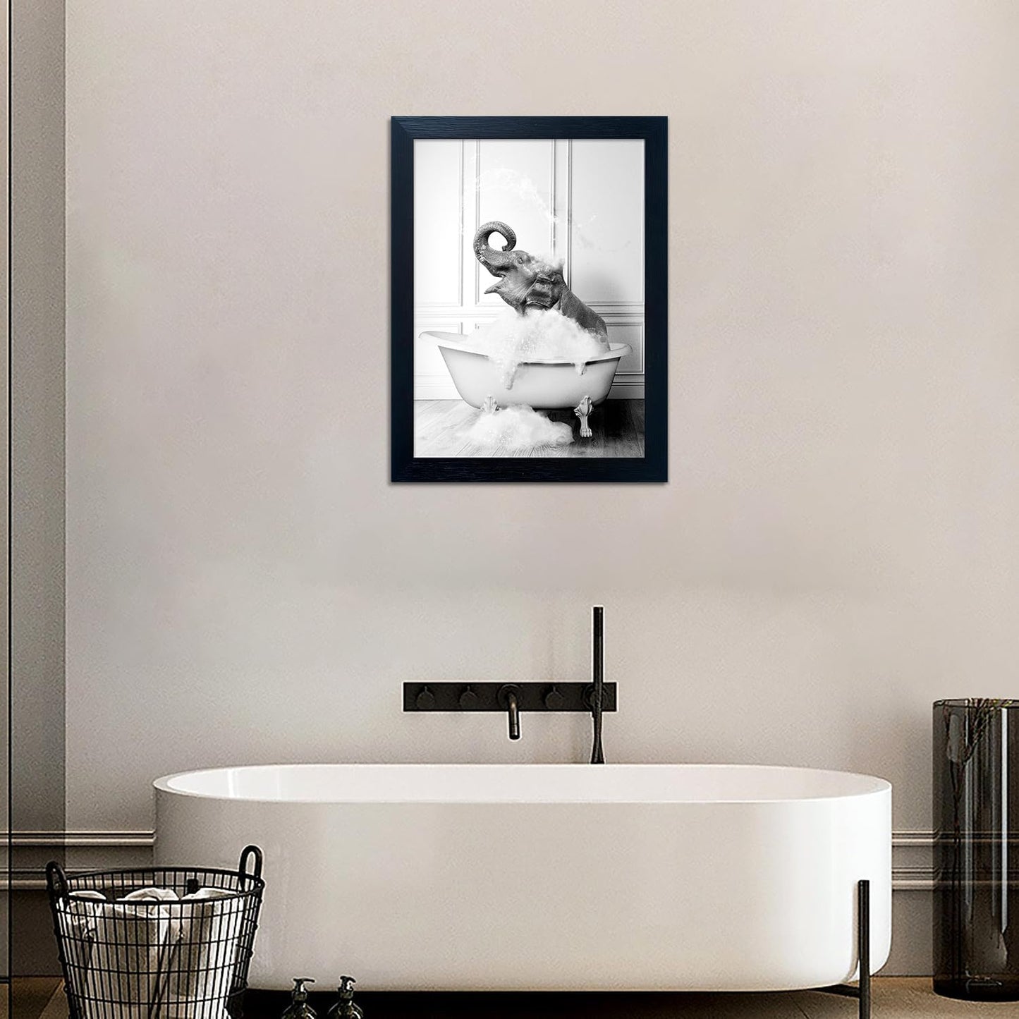 Bathroom Picture Wall Decor, Framed Black and White Bathroom Wall Art, Toilet Paper in Little Funny Raccoon's Hand Animal Canvas Print Painting