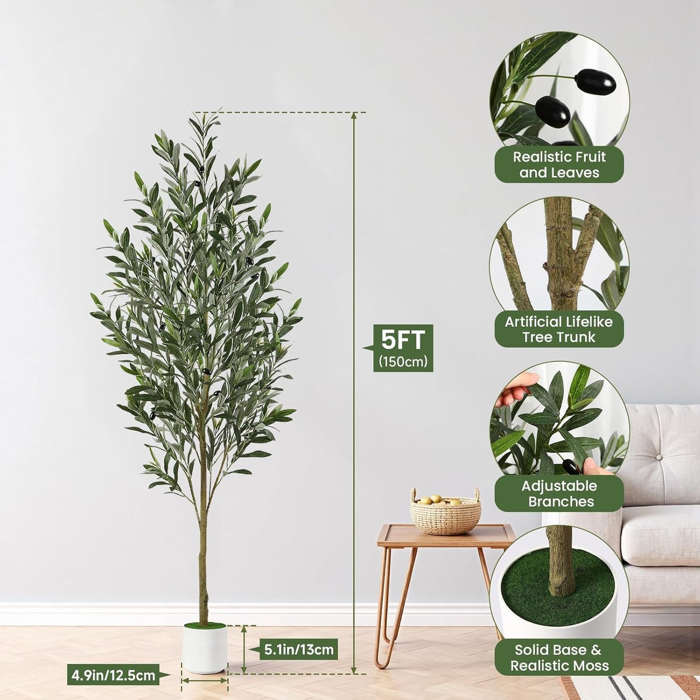 Alupssuc 6FT Artificial Olive Trees, Faux Silk Plant with Lively Artificial Trunk and Lifelike Fruits, Indoor Fake Potted Tree with White Planter for Modern Home Office Living Room Decor