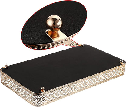 ELLDOO Perfume & Makeup Vanity Tray - Hollow-Carved Jewelry Storage, Glass & Metal Trinket Organizer for Dresser & Bathroom Countertop, Gold, Medium Size