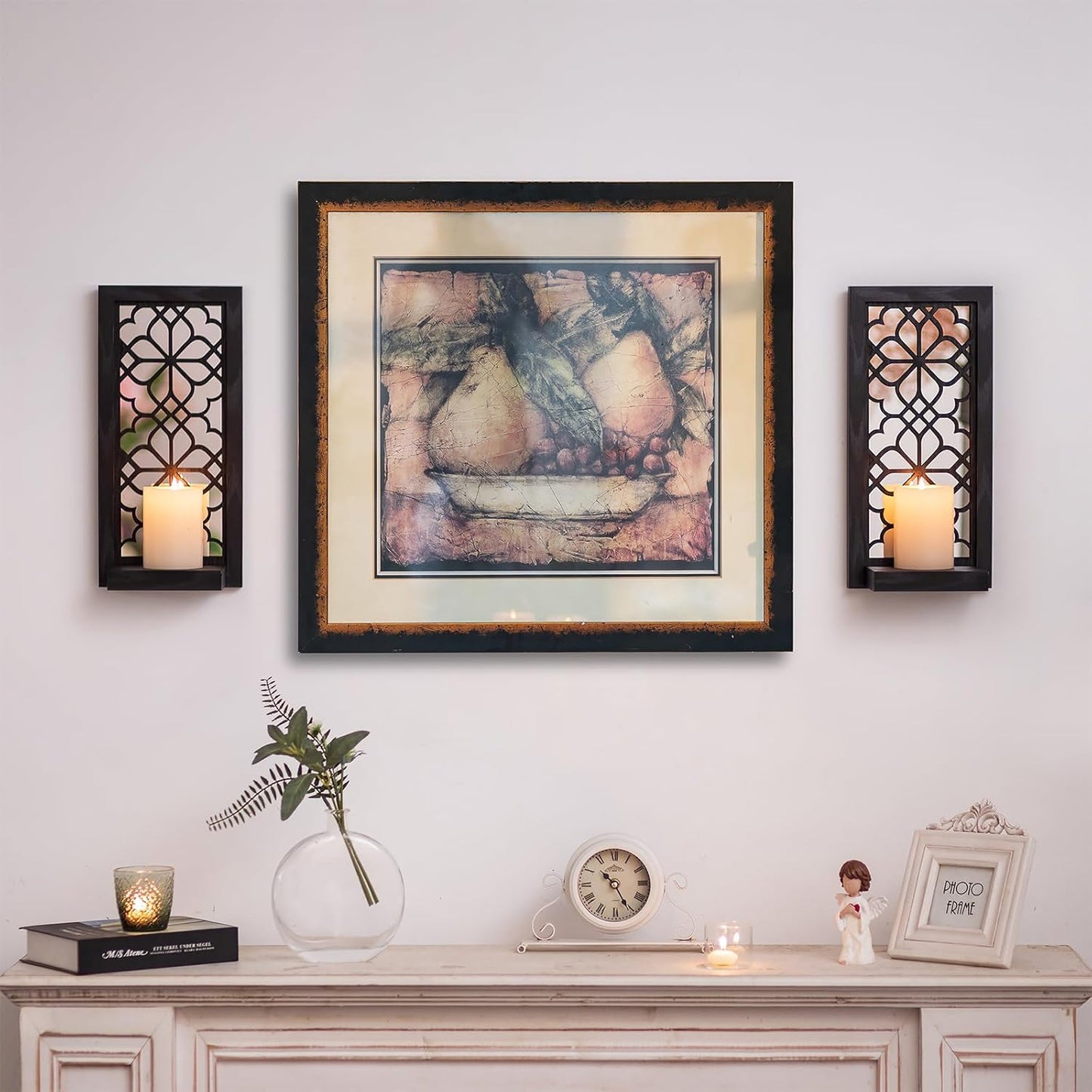 Farmhouse Wall Candle Holder Decor: Rustic Candle Sconces Set of Two for Pillar Candles - Brown Wooden Shelving for Fireplace Bathroom Hallway